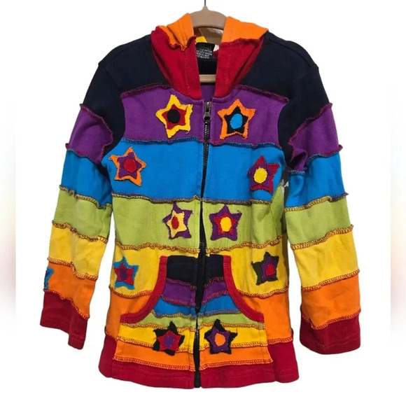 Rising International Boho Rainbow Patchwork Stars Hooded Jacket 3T - Picture 1 of 4